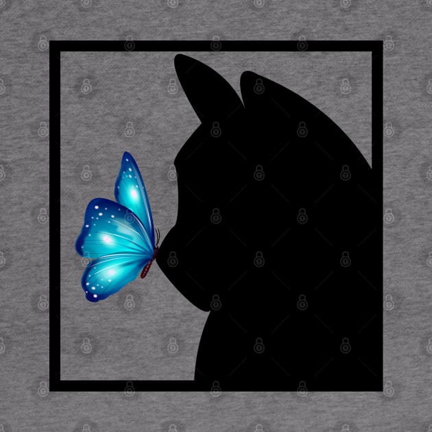 Blue Butterfly sitting on nose of Black Cat by Blue Butterfly Designs 